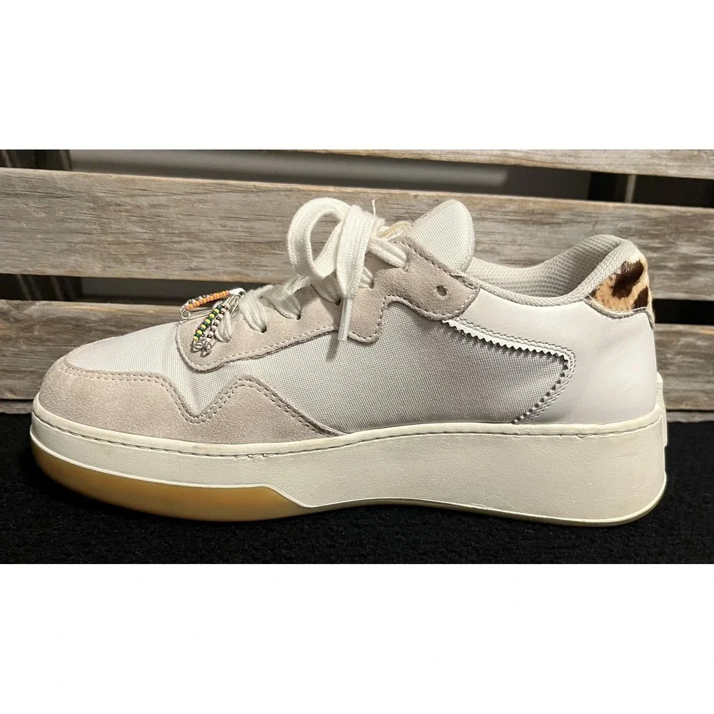 Loeffler Randall Gia Sneakers 7.5 Cream‎ Suede Canvas Leopard Beaded Portugal